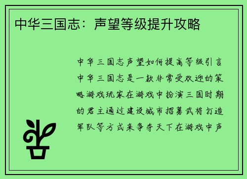 中华三国志：声望等级提升攻略